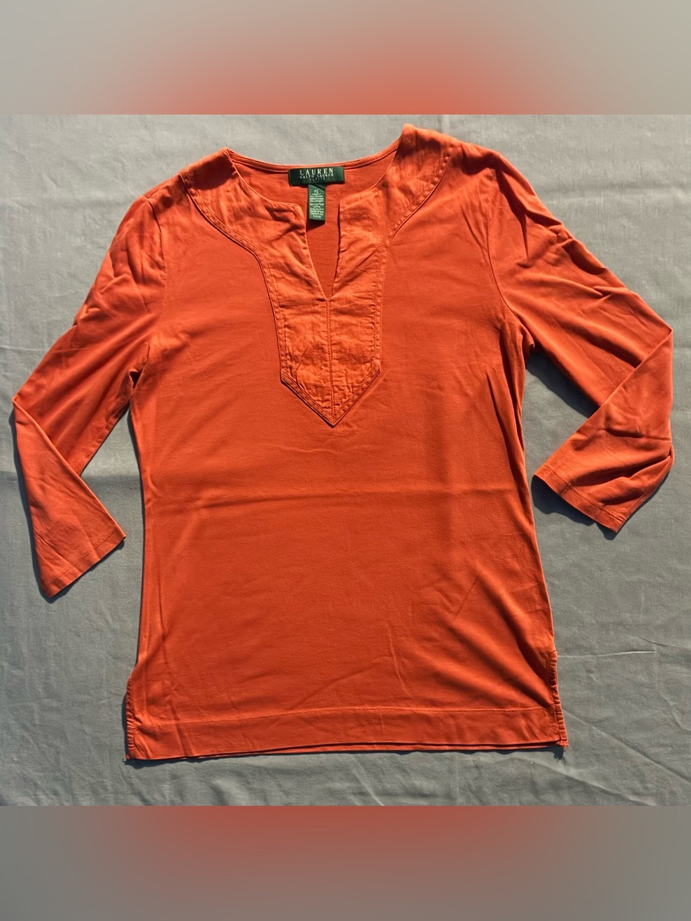 Lauren Ralph Lauren Orange Long-Sleeve Split V-Neck Shirt